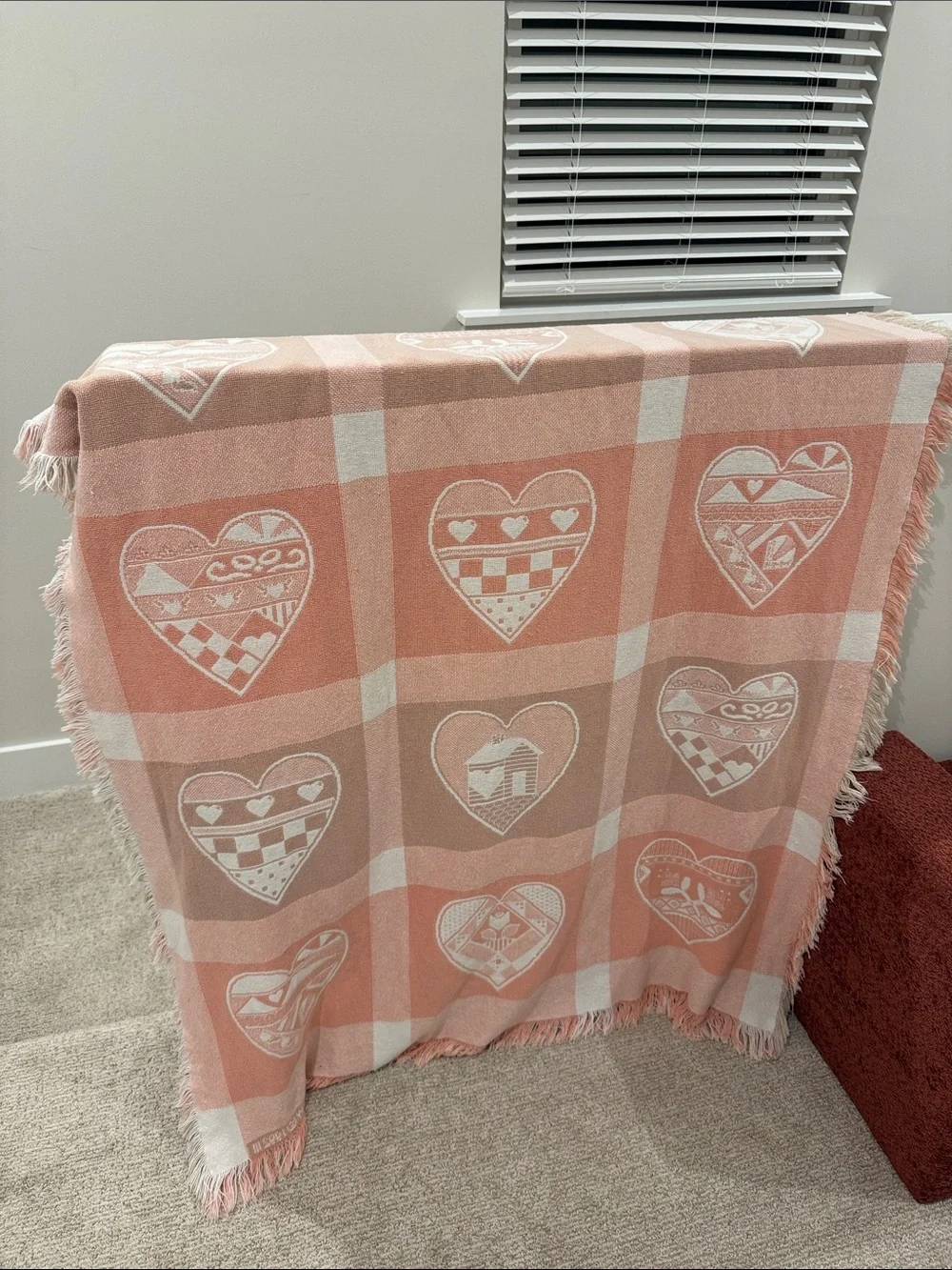 Manual Woodworkers & Weavers • Vintage 1992 Heart Sampler Tapestry Knit Blanket